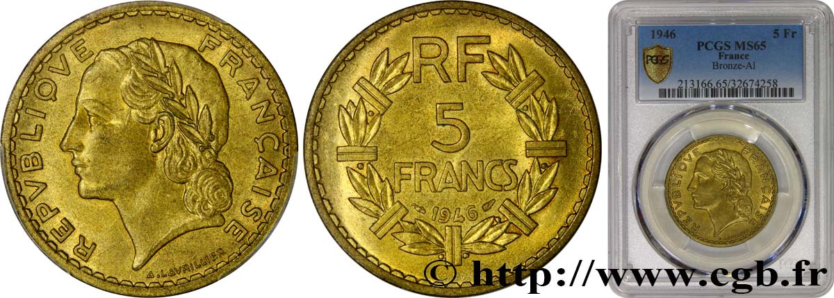5 francs Lavrillier, bronze-aluminium 1946  F.337/7 FDC65 PCGS
