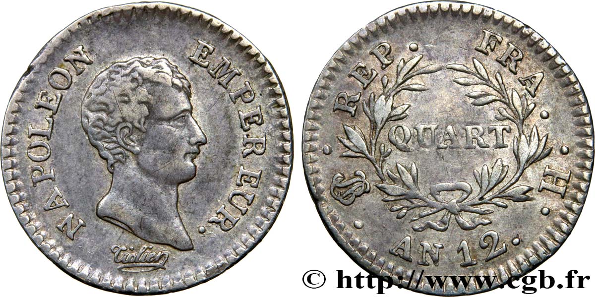 Quart (de franc) Napoléon Empereur, Calendrier révolutionnaire 1804 La Rochelle F.158/3 MBC48 