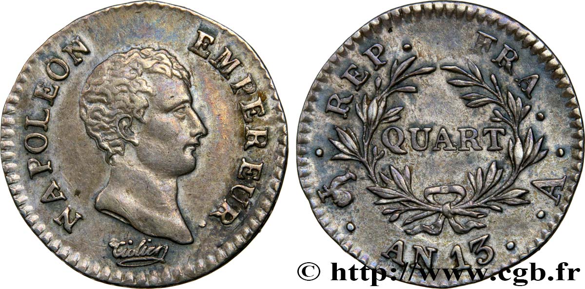 Quart (de franc) Napoléon Empereur, Calendrier révolutionnaire 1805 Paris F.158/8 SUP58 