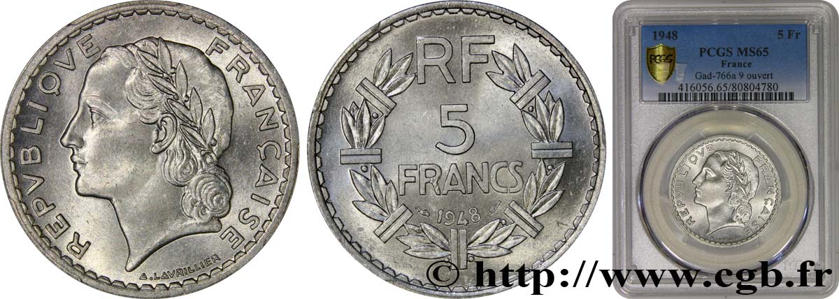 5 francs Lavrillier, aluminium, 9 ouvert 1948  F.339/13 FDC65 PCGS
