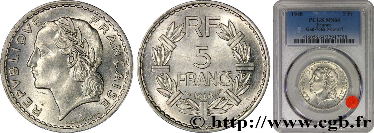 5 francs Lavrillier, aluminium, 9 ouvert 1948  F.339/13 SC64 PCGS
