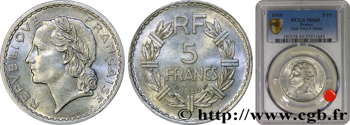 5 francs Lavrillier, aluminium 1949  F.339/17 MS65 PCGS