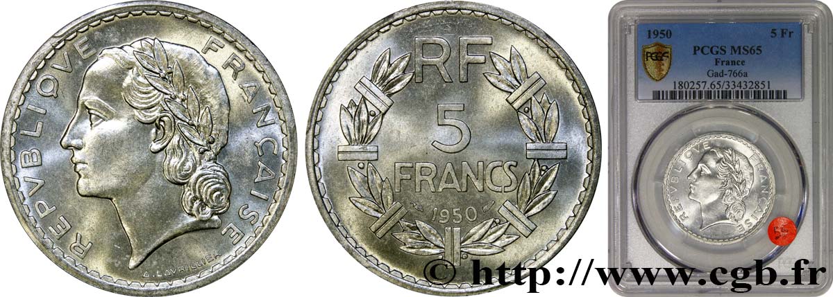 5 francs Lavrillier, aluminium 1950  F.339/20 ST65 PCGS