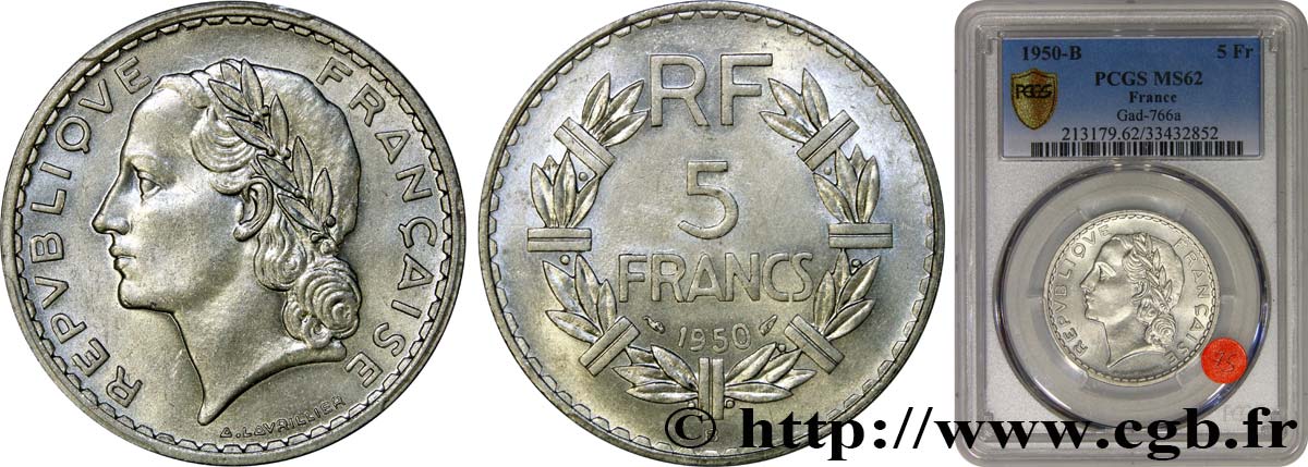 5 francs Lavrillier, aluminium 1950 Beaumont-Le-Roger F.339/21 MS62 PCGS
