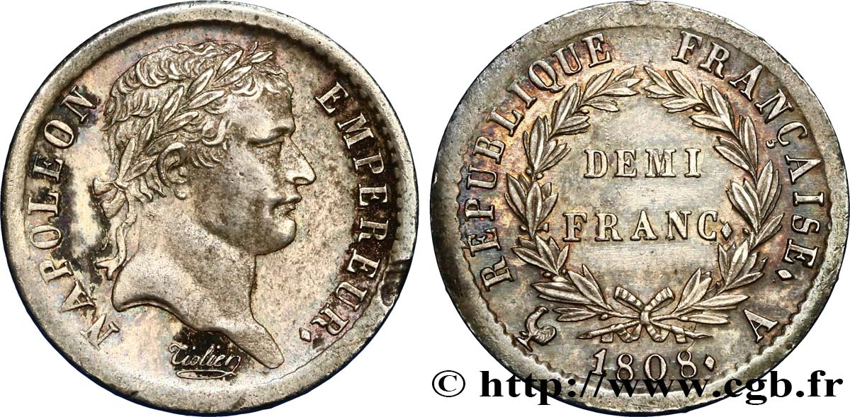 Demi-franc Napoléon Ier tête laurée, République française 1808 Paris F.177/2 TTB+ 