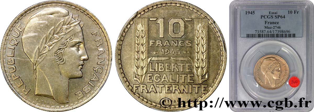 Essai de 10 francs Turin, grosse tête 1945 Paris F.361/1 SC64 PCGS