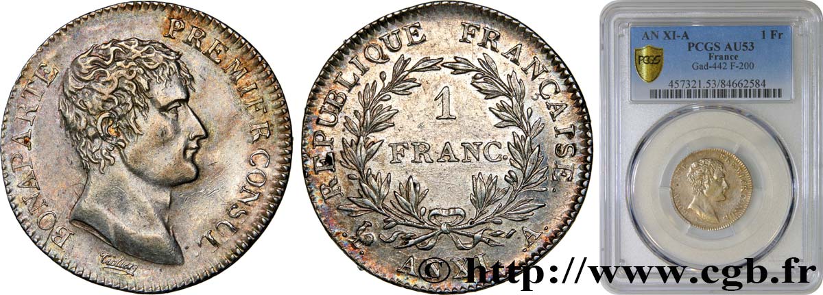 1 franc Bonaparte Premier Consul 1803 Paris F.200/1 SS53 PCGS