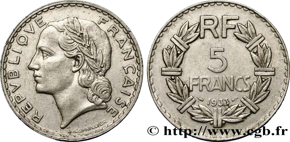 5 francs Lavrillier, nickel 1933  F.336/2 BB48 