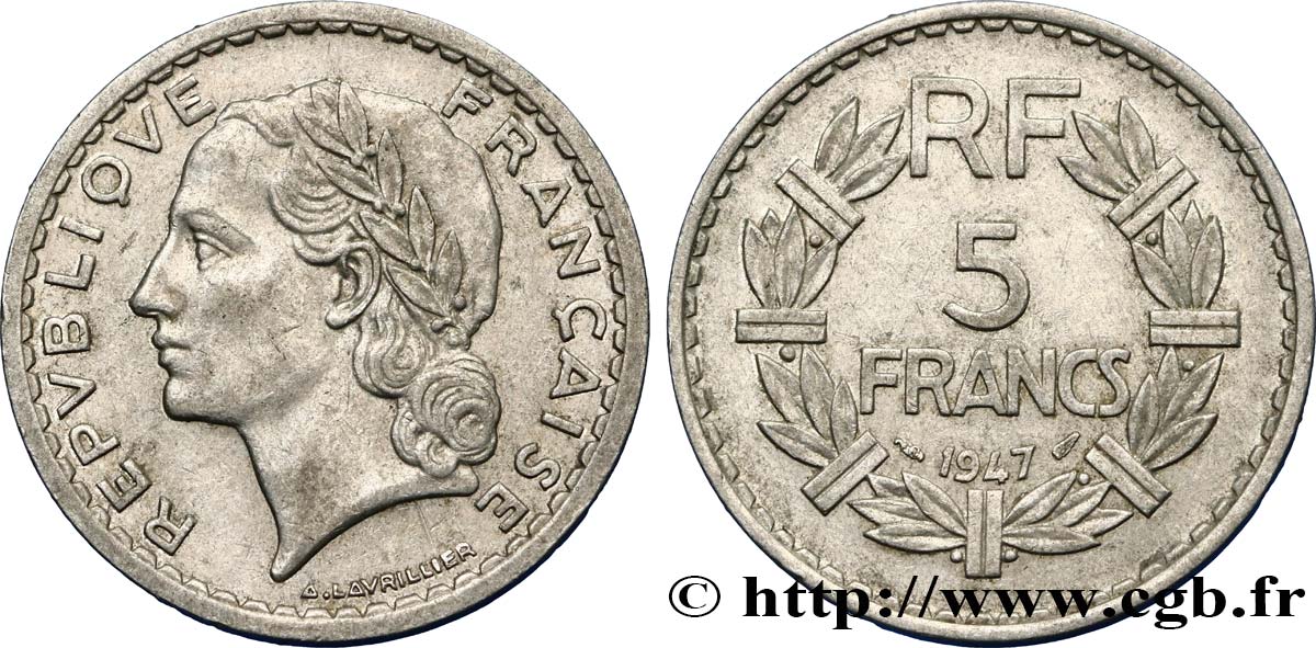 5 francs Lavrillier, aluminium 1947  F.339/10 AU50 