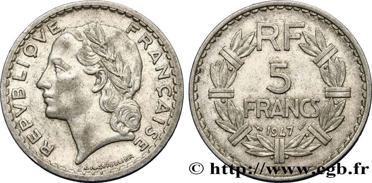 5 francs Lavrillier, aluminium 1947 Beaumont-Le-Roger F.339/11 XF48 