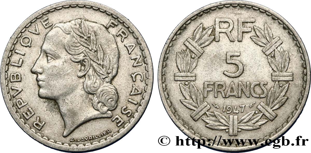 5 francs Lavrillier, aluminium 1947 Beaumont-Le-Roger F.339/11 MBC45 