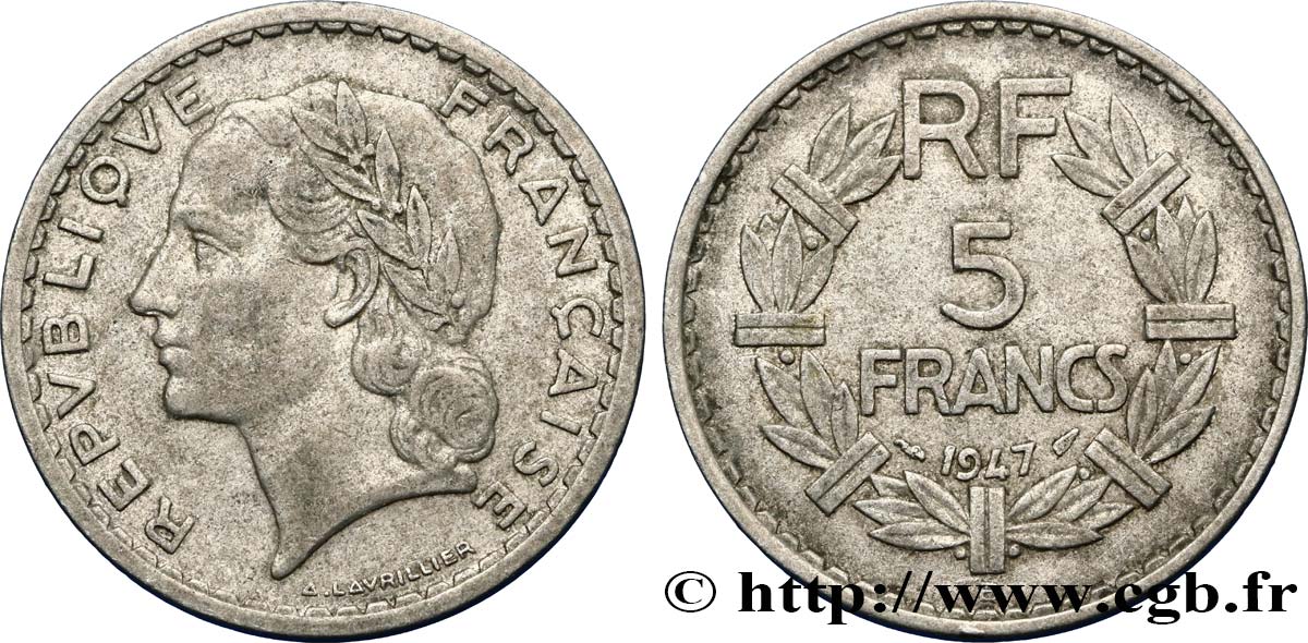 5 francs Lavrillier, aluminium 1947 Beaumont-Le-Roger F.339/11 XF40 