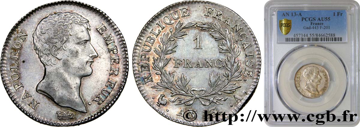 1 franc Napoléon Empereur, Calendrier révolutionnaire 1805 Paris F.201/14 VZ55 PCGS