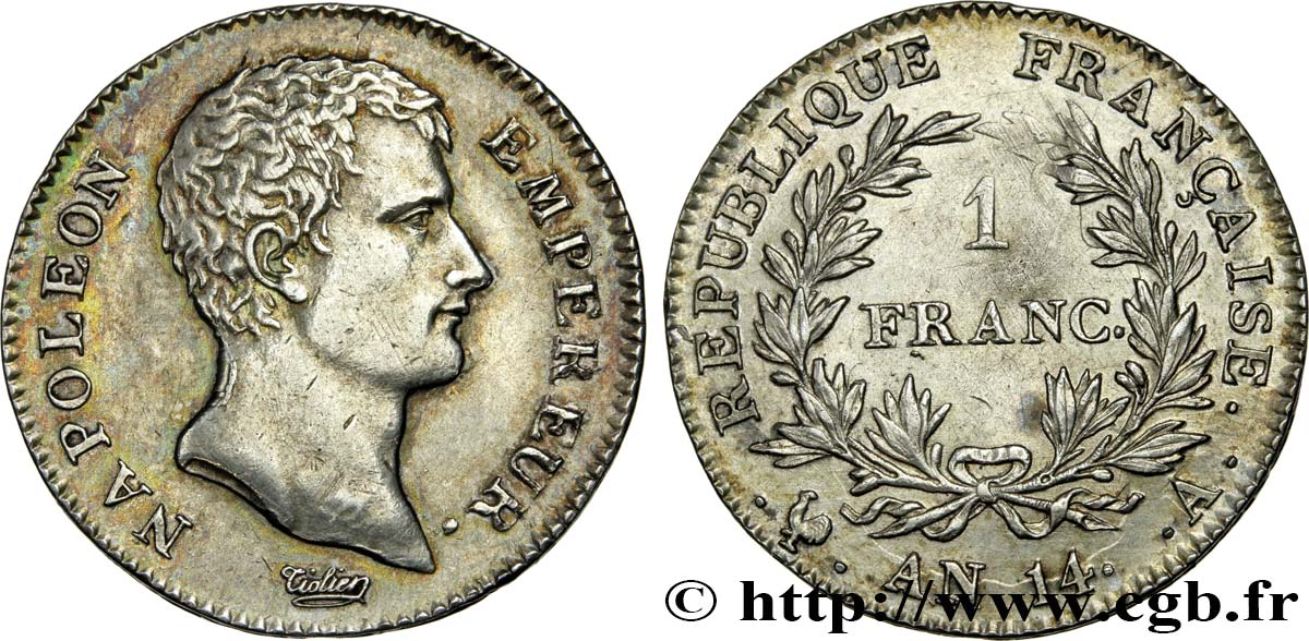 1 franc Napoléon Empereur, Calendrier révolutionnaire 1805 Paris F.201/29 AU55 