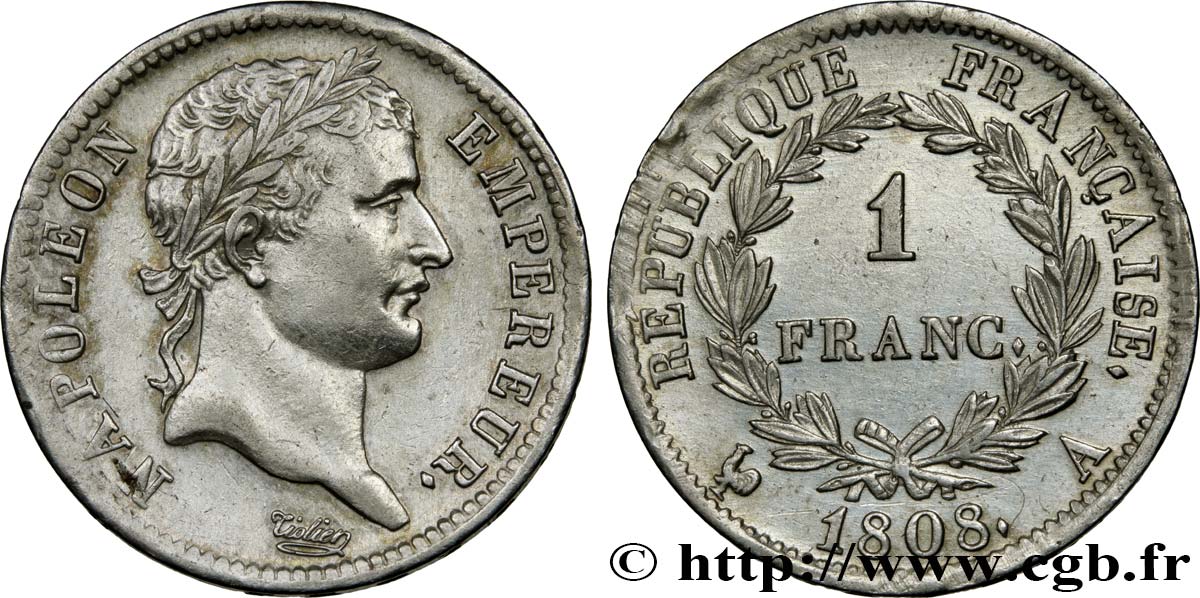 1 franc Napoléon Ier tête laurée, République française 1808 Paris F.204/2 SUP 