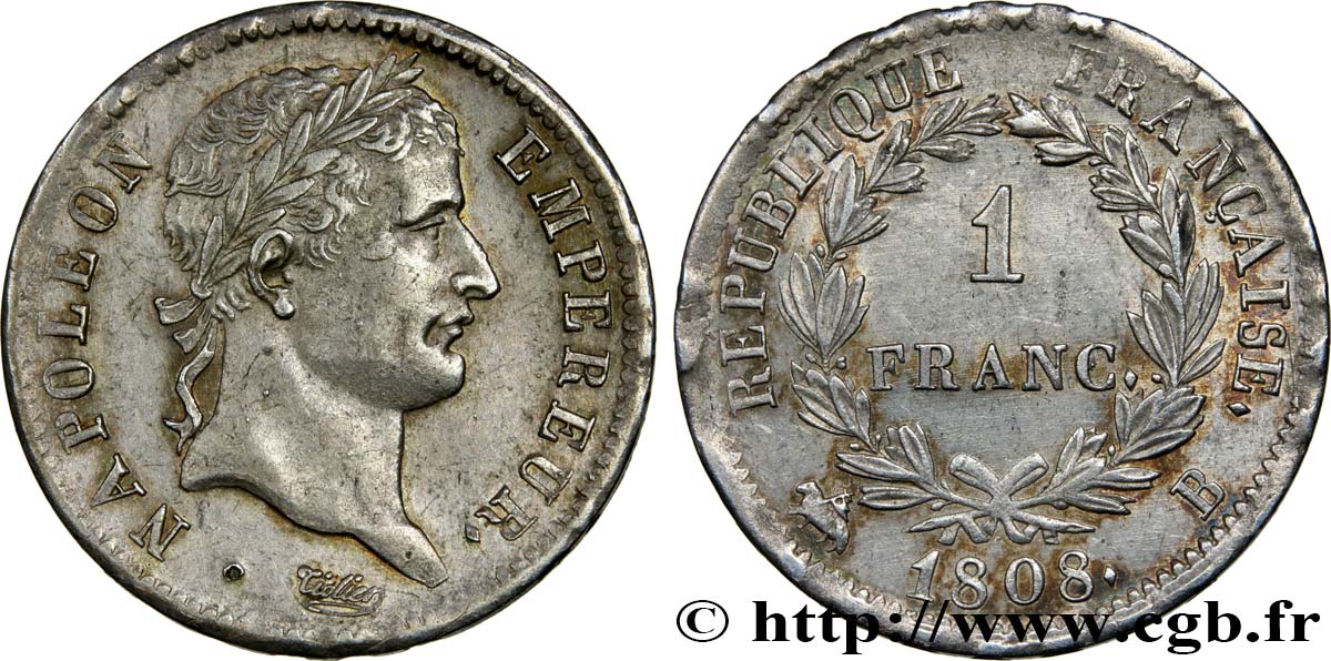 1 franc Napoléon Ier tête laurée, République française 1808 Rouen F.204/3 AU58 