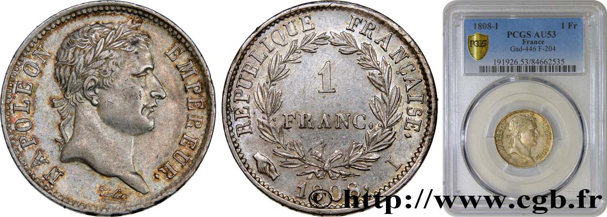 1 franc Napoléon Ier tête laurée, République française 1808 Limoges F.204/7 BB53 PCGS