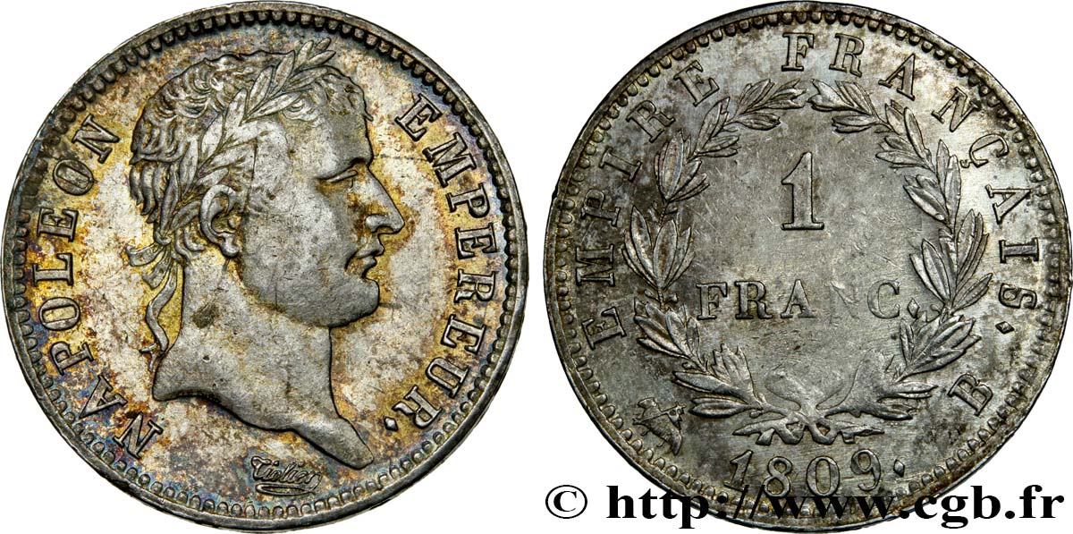 1 franc Napoléon Ier tête laurée, Empire français 1809 Rouen F.205/2 AU53 
