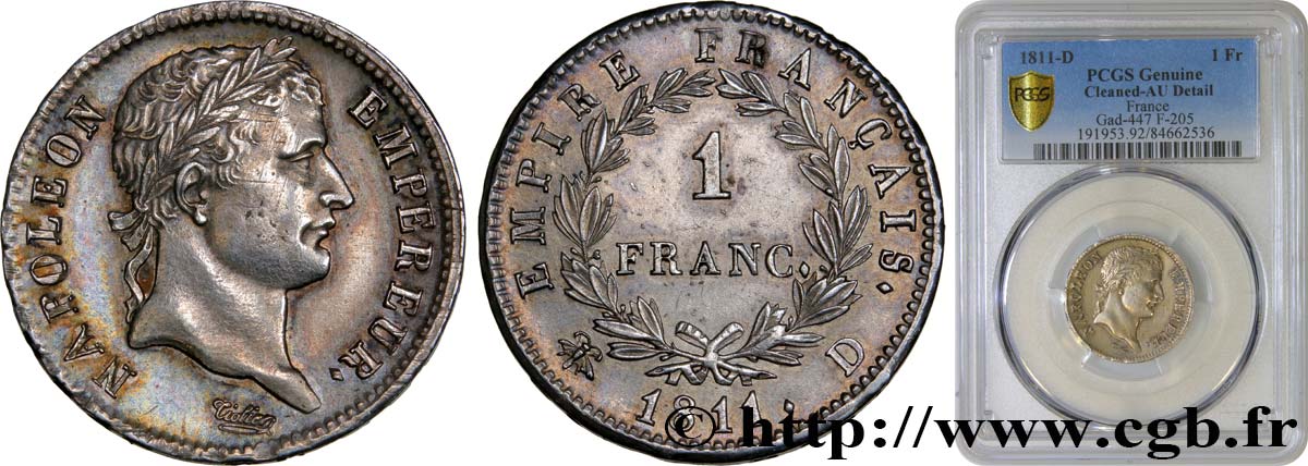 1 franc Napoléon Ier tête laurée, Empire français 1811 Lyon F.205/31 AU PCGS