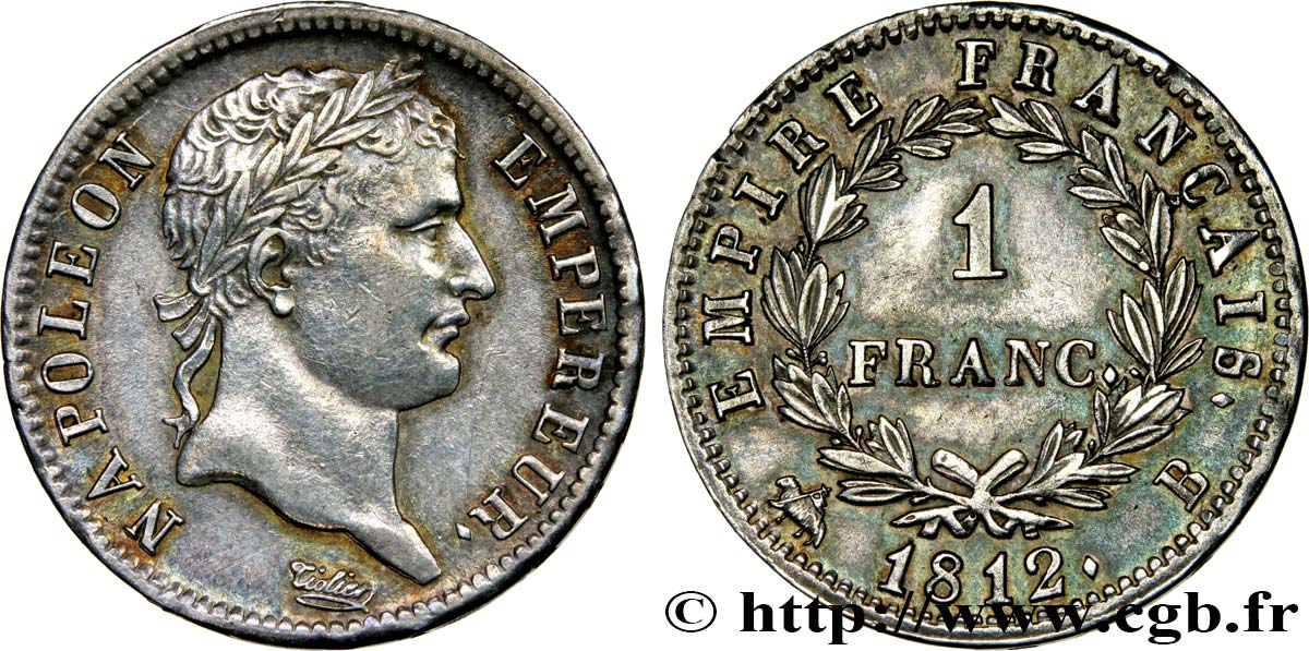 1 franc Napoléon Ier tête laurée, Empire français 1812 Rouen F.205/43 AU55 