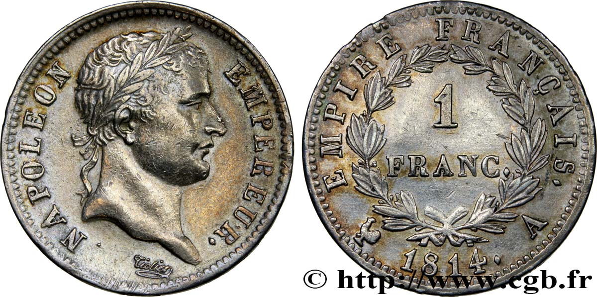 1 franc Napoléon Ier tête laurée, Empire français 1814 Paris F.205/74 MBC52 