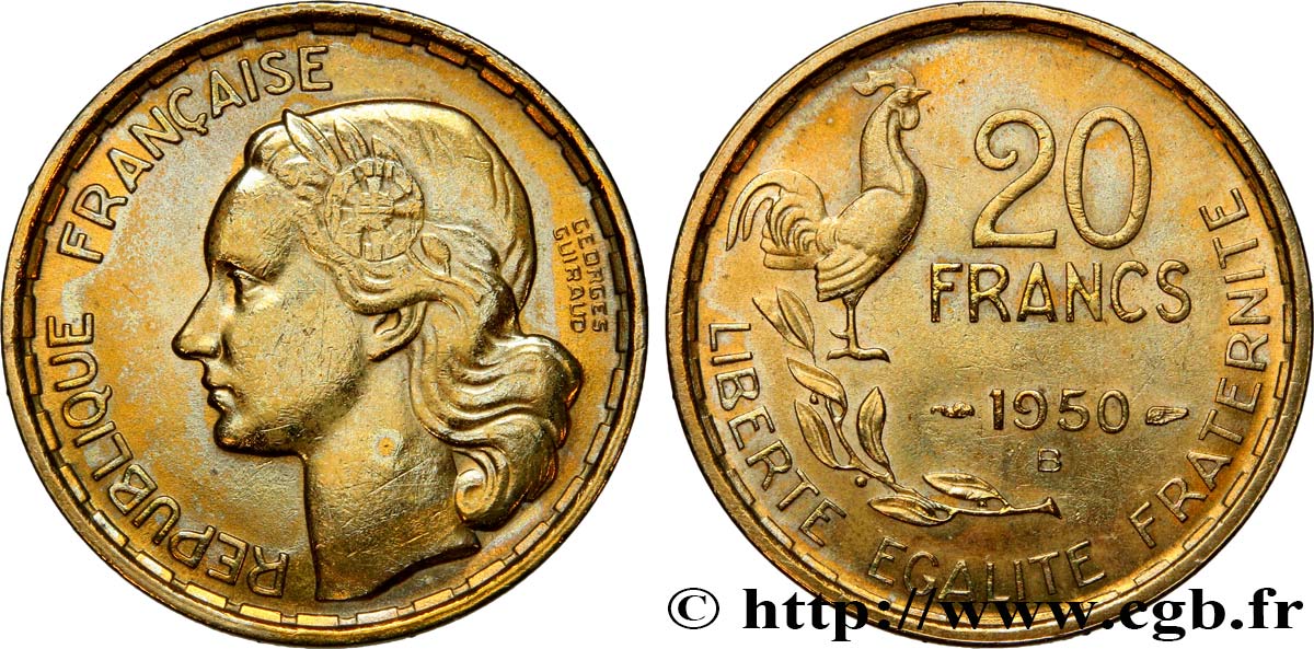20 francs Georges Guiraud, 4 faucilles 1950 Beaumont-Le-Roger F.401/3 fVZ 