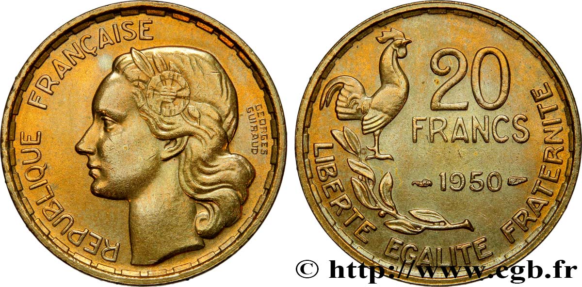 20 francs Georges Guiraud, 3 faucilles 1950 Beaumont-Le-Roger F.401/2 AU52 