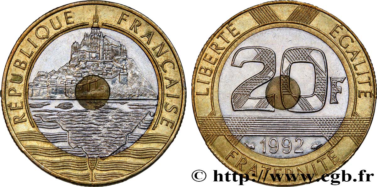 20 francs Mont Saint-Michel, 5 cannelures, \ / ouvert 1992 Pessac F.403/3 EBC58 