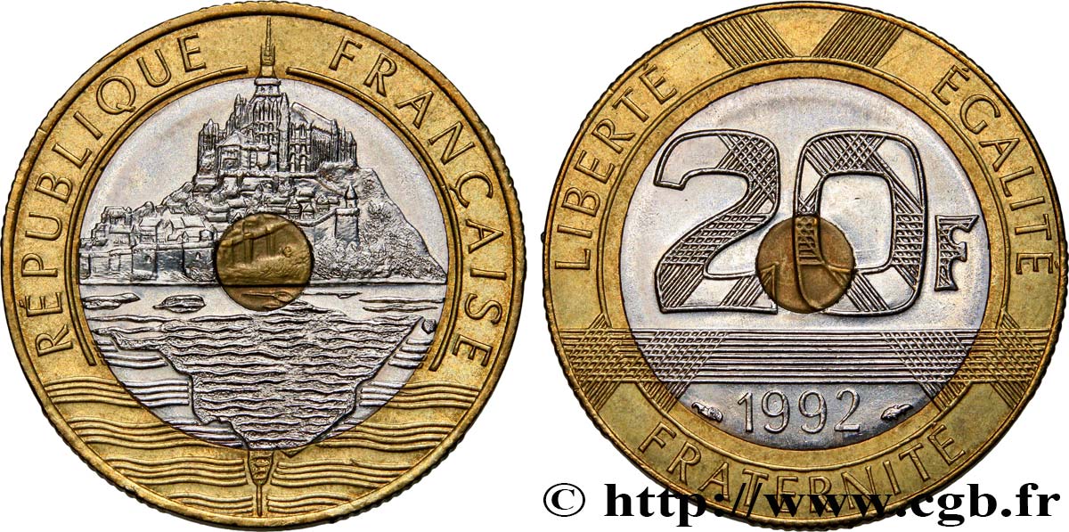 20 francs Mont Saint-Michel, 5 cannelures, \ / ouvert 1992 Pessac F.403/3 VZ62 