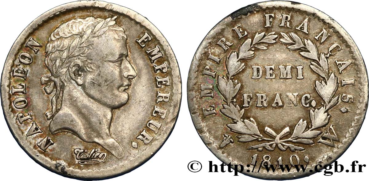 Demi-franc Napoléon Ier tête laurée, Empire français 1810 Lille F.178/20 XF40 