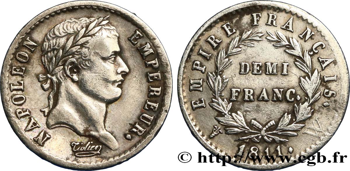 Demi-franc Napoléon Ier tête laurée, Empire français 1811 Lille F.178/34 TTB 