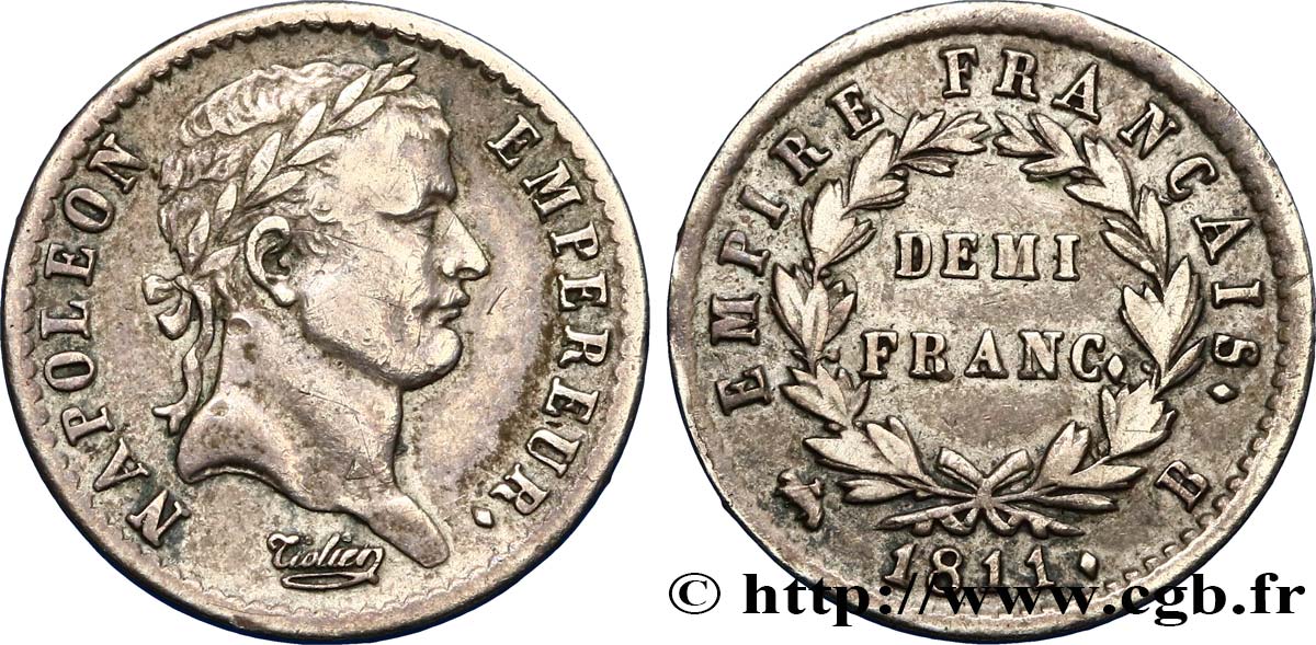 Demi-franc Napoléon Ier tête laurée, Empire français 1811 Rouen F.178/22 XF40 
