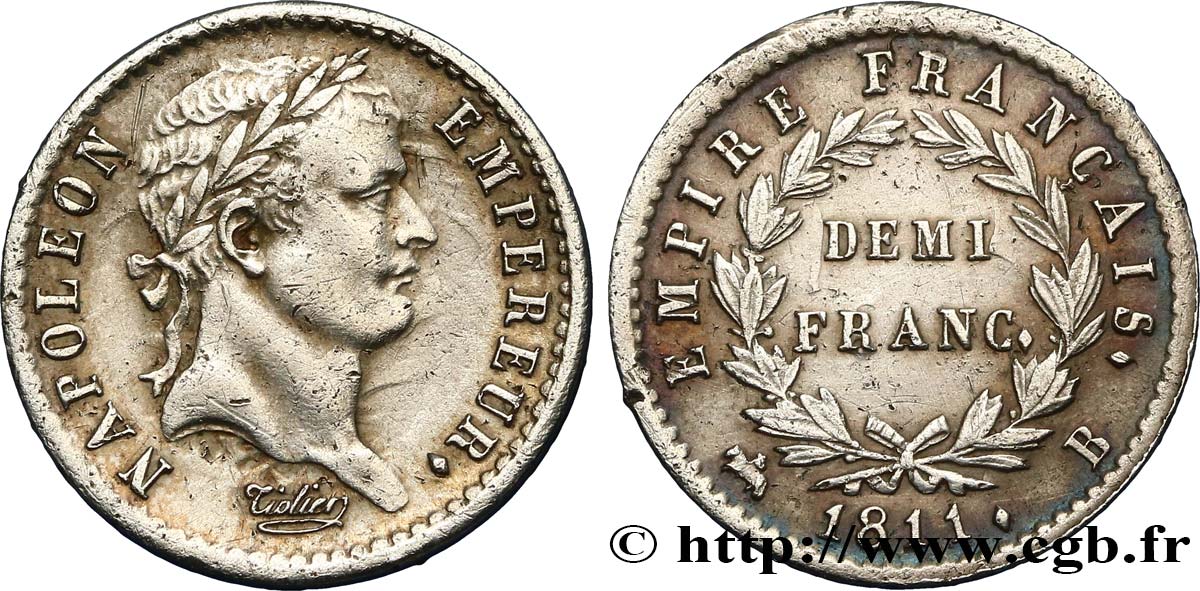 Demi-franc Napoléon Ier tête laurée, Empire français 1811 Rouen F.178/22 TTB48 