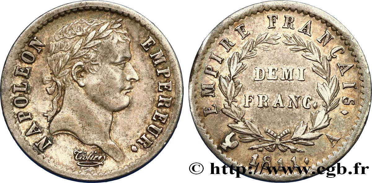 Demi-franc Napoléon Ier tête laurée, Empire français 1811 Paris F.178/21 MBC48 