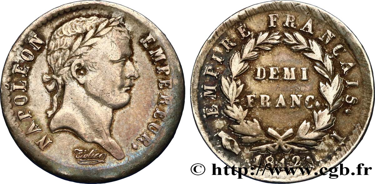Demi-franc Napoléon Ier tête laurée, Empire français 1812 Limoges F.178/39 MBC40 