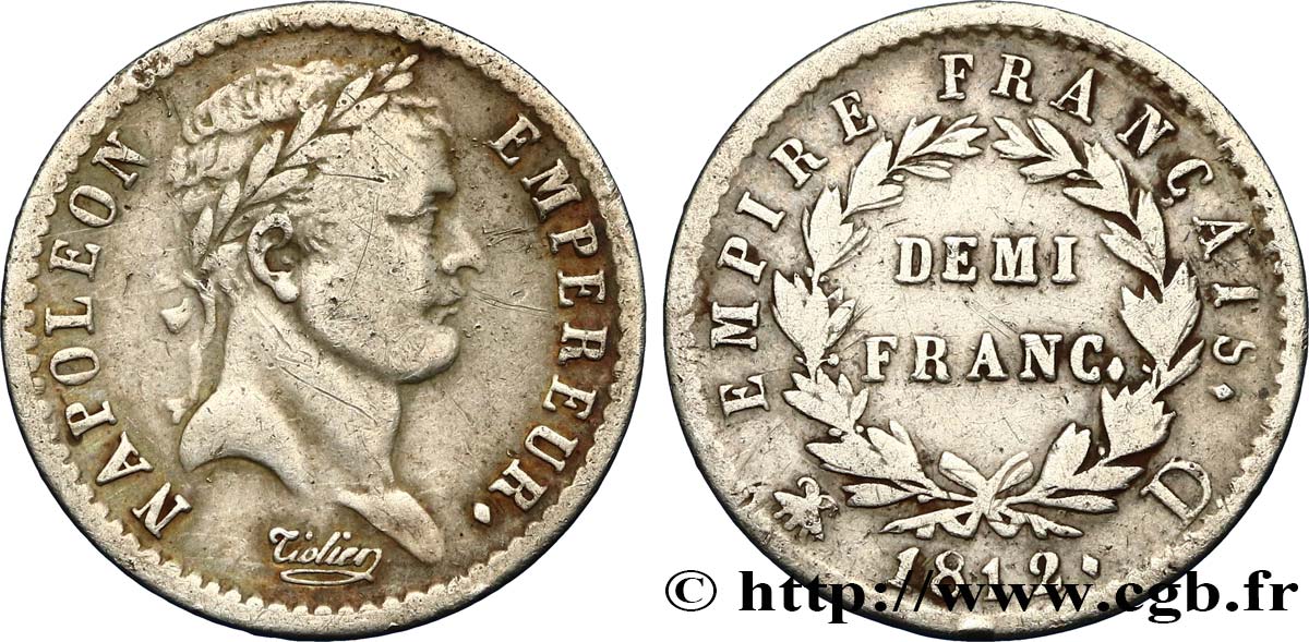 Demi-franc Napoléon Ier tête laurée, Empire français 1812 Lyon F.178/37 TB30 