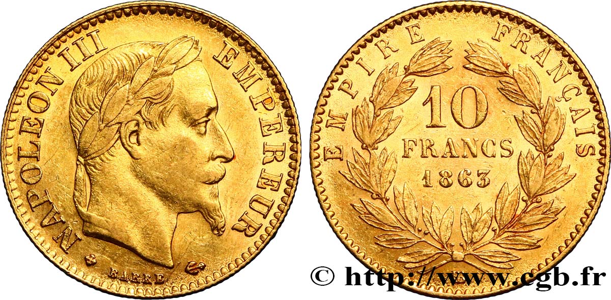 10 francs or Napoléon III, tête laurée, type définitif à grand 10 1863 Strasbourg F.507A/4 MBC48 