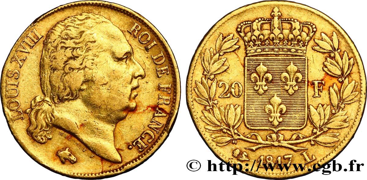 20 francs or Louis XVIII, tête nue 1817 Bayonne F.519/7 SS45 