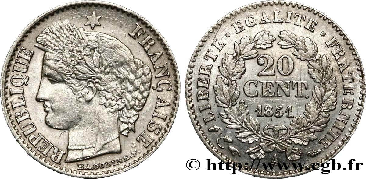 20 centimes Cérès, IIe République 1851 Paris F.146/7 TTB+ 