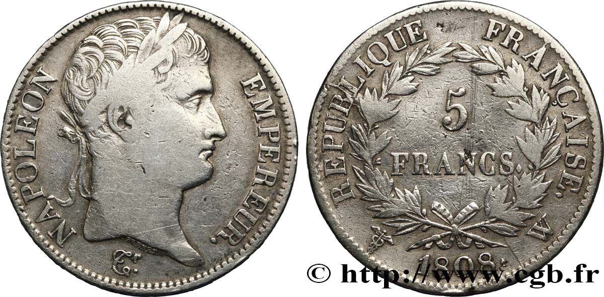 5 francs Napoléon Empereur, République française 1808 Lille F.306/15 S 