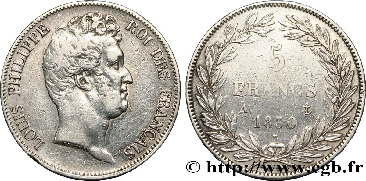 5 francs type Tiolier sans le I, tranche en creux 1830 Paris F.313/1 fSS 