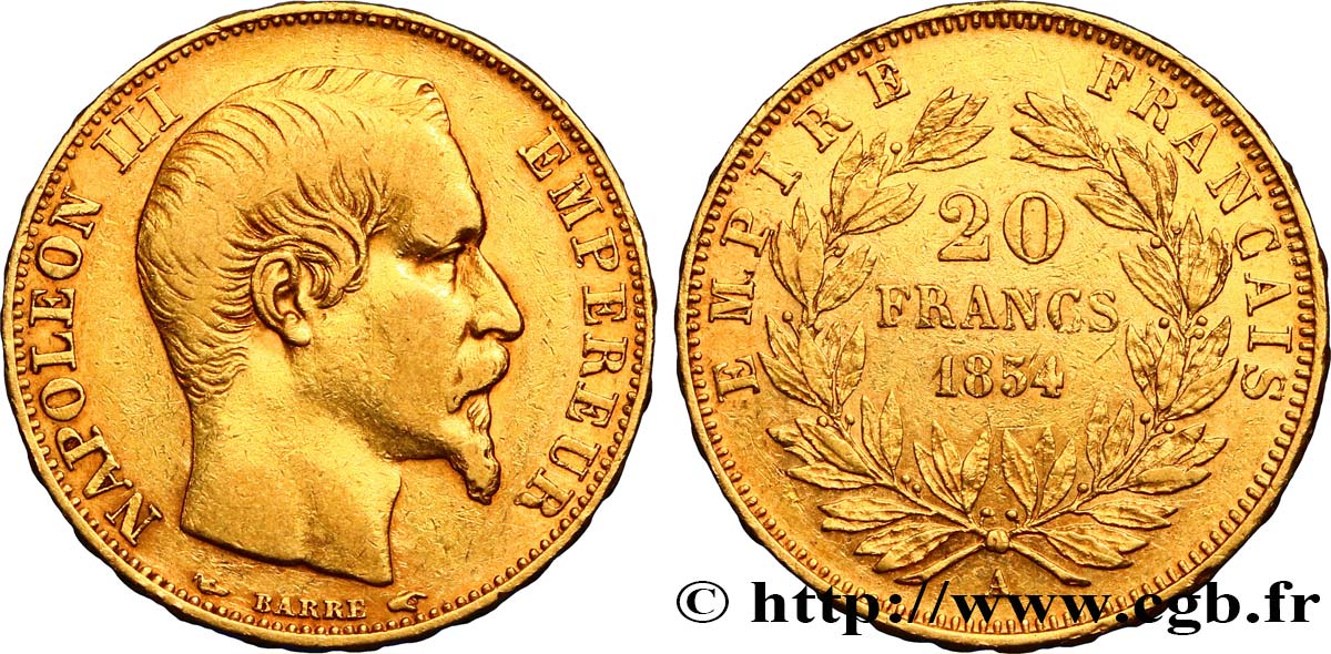 20 francs or Napoléon III, tête nue 1854 Paris F.531/2 TB35 