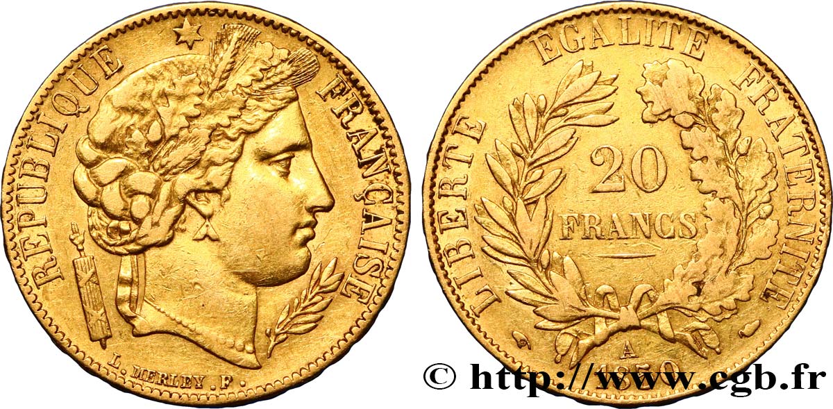 20 francs or Cérès, oreille basse 1850 Paris F.529/3 SS40 