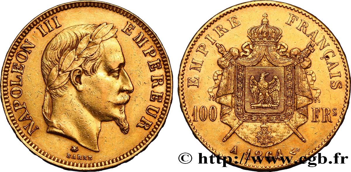 100 francs or Napoléon III, tête laurée 1864 Paris F.551/4 TTB48 