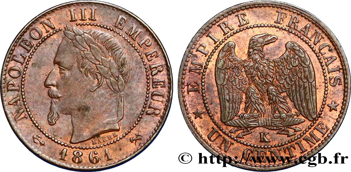 Un centime Napoléon III, tête laurée 1861 Bordeaux F.103/3 TTB52 