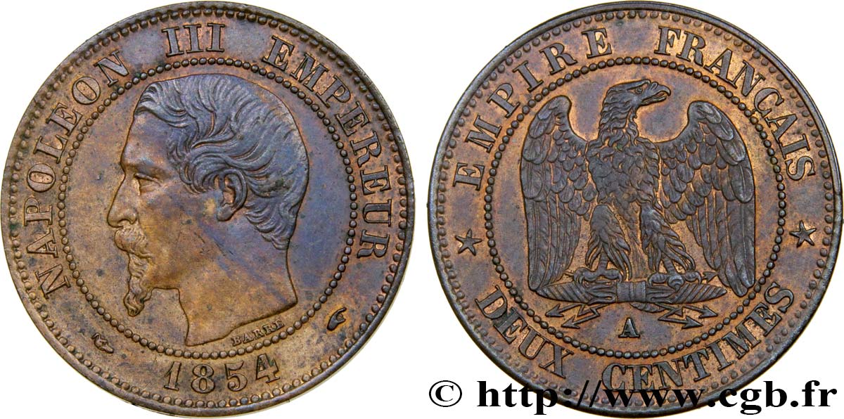 Deux centimes Napoléon III, tête nue 1854 Paris F.107/9 TTB52 