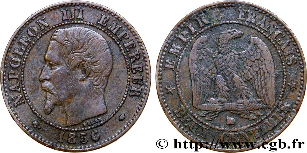 Deux centimes Napoléon III, tête nue 1856 Marseille F.107/42 BC+ 