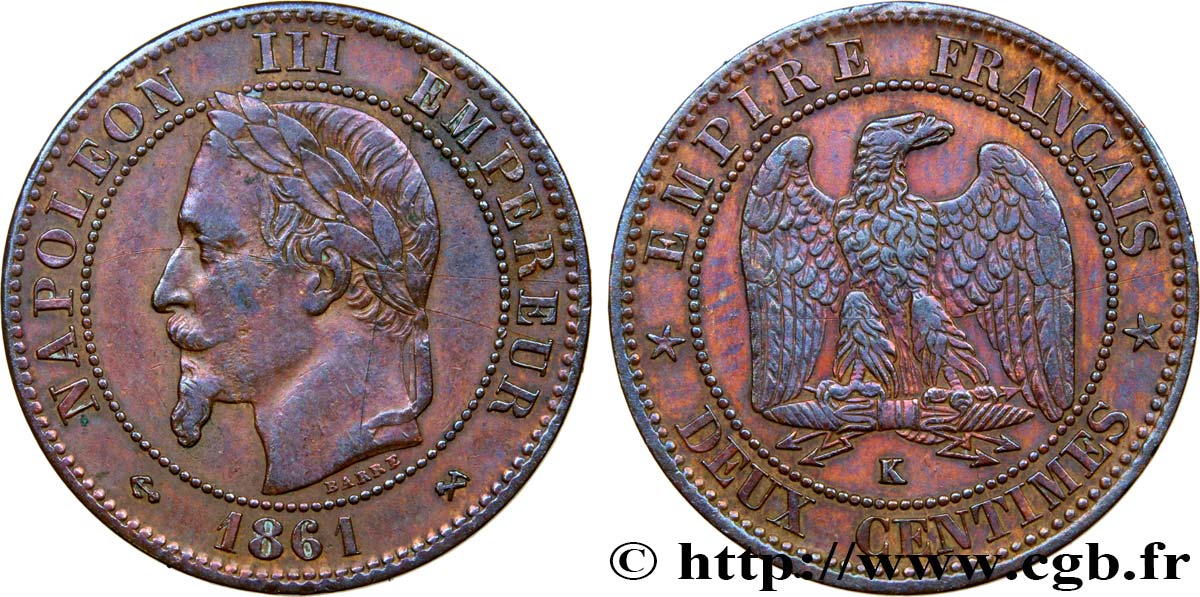 Deux centimes Napoléon III, tête laurée 1861 Bordeaux F.108A/3 SS40 
