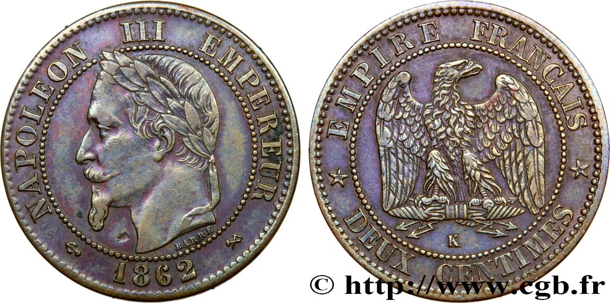Deux centimes Napoléon III, tête laurée 1862 Bordeaux F.108A/7 XF 