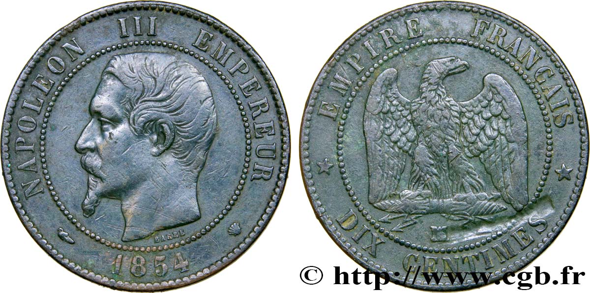 Dix centimes Napoléon III, tête nue 1854 Marseille F.133/17 BC+ 